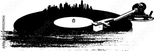 High contrast stencil of record sleeve with urban skyline and turntable