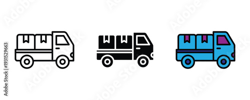 Delivery truck with cargo boxes icon set. Shipping vehicle symbol for logistics, distribution service, and e-commerce freight transportation design. Vector Illustration.
