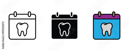 Dental appointment calendar and dentist schedule icon set. Calendar symbol with tooth for oral health checkup, dental clinic booking, and stomatology reminder design. Vector Illustration.