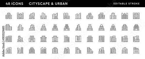 Cityscape and urban icon collection. Modern building, skyscrapers, city building, residence, cityscape, skyline and more. Editable stroke. Pixel Perfect. Grid base 32 x 32.
