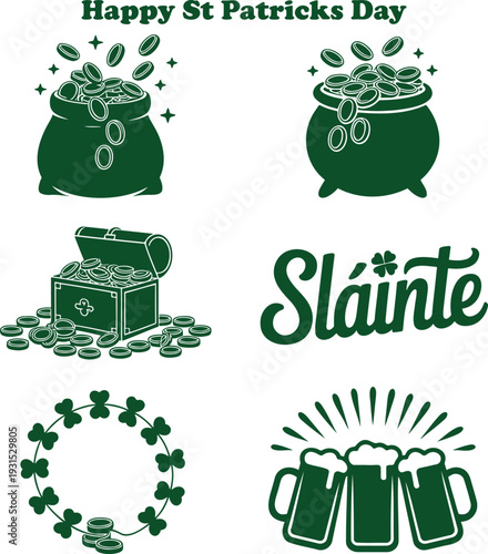 Pots of gold, lucky coins, frothy beer mugs, and shamrock wreaths symbolize St Patricks Day celebrations