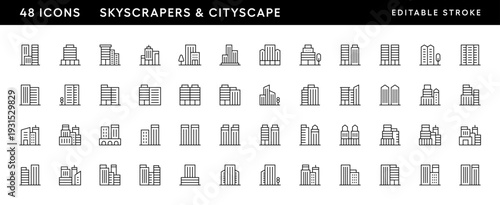 Skyscraper and cityscape icon collection. Modern building, apartment complex, city building, residence, residential building, skyline and more. Editable stroke. Pixel Perfect. Grid base 32 x 32.