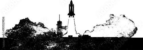 Rocket launch with dramatic plume in stencil style - high contrast abstract design for posters