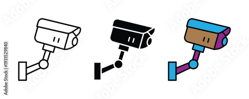 Security camera and CCTV surveillance icon set. Wall-mounted monitoring symbol for home security, public safety, and private property protection design. Vector Illustration.