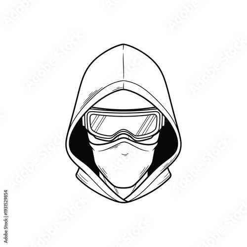 This stark black and white line art illustration features an anonymous hooded figure with protective goggles and a face mask, embodying mystery and urban edge.