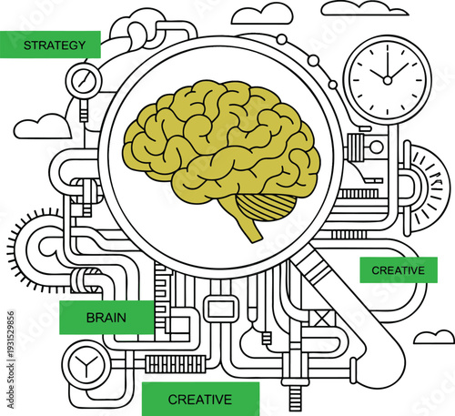A complex mechanical system illustration with a central magnifying glass highlighting a golden human brain