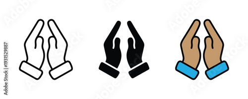 Praying hands and hopeful gesture icon set. Symbol of prayer, spiritual faith, gratitude, and peaceful meditation design. Vector Illustration.