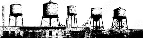 Urban rooftop water tanks in high contrast stencil art for architectural design