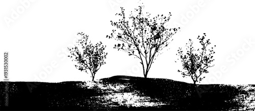 Rustic stencil style grunge landscape with blooming trees for artistic design