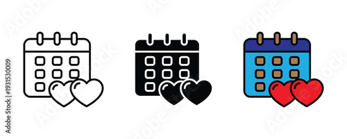Calendar with hearts icon set. Romantic date reminder symbol for wedding planning, Valentine's Day event, and love anniversary schedule design. Vector Illustration.
