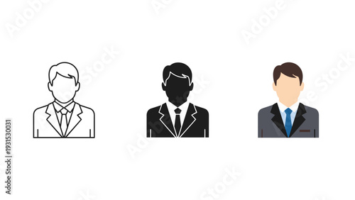Three businessmen icons in different styles and colors Vector