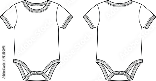 Baby onesie flat sketch front and back, infant bodysuit technical line art, sewing pattern template, snaps ribbed cuffs, vector illustration