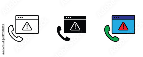 Technical support alert and customer service warning icon set. Browser window with exclamation mark and telephone handset for help desk, online security, and troubleshooting design. Vector Illustratio