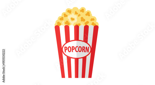 A brightly colored cartoon illustration of a red and white striped popcorn container