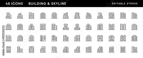 Modern building and skyline icon collection. City building, skyscrapers, apartment building, residence, cityscape, skyline and more. Editable stroke. Pixel Perfect. Grid base 32 x 32.