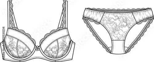 Black and white lace bra and panties set illustration, elegant lingerie design, floral embroidery, intimate apparel fashion outline vector detailed