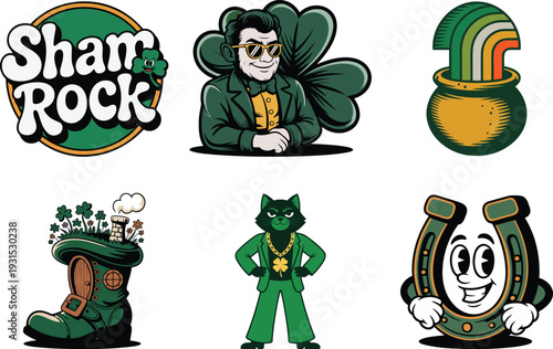 A vibrant collection of retro inspired St Patricks Day themed illustrations featuring shamrocks and good luck symbols