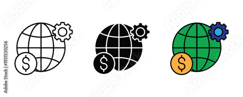 Global economy and international business settings icon set. Earth globe symbol with dollar coin and gear for worldwide finance, trade management, and economic strategy design. Vector Illustration.