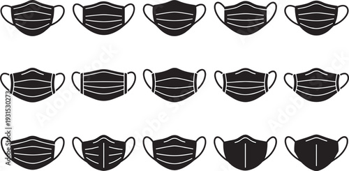 Black face mask icon collection vector set, medical protective masks with different designs isolated on white background illustration