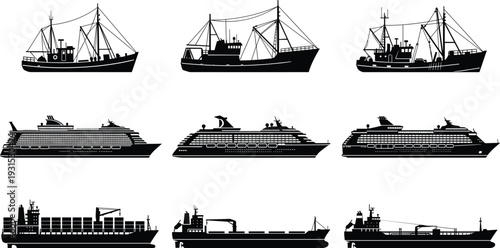Black ship silhouette vector collection fishing boats cruise liners cargo vessels maritime transport icons isolated on white background set design