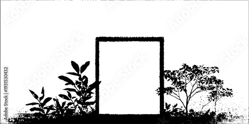 Silhouette stencil of skylight frame with foliage in high contrast for design use