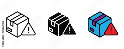 Shipping box with warning alert icon set. Delivery package symbol with exclamation mark for fragile items, shipping error, and logistics caution design. Vector Illustration.
