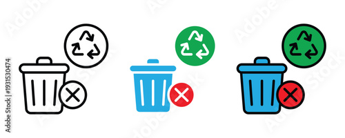 Recycle bin with cross mark and recycling symbol icon set. Waste management error symbol for non-recyclable material, trash removal, and environmental pollution design. Vector Illustration.