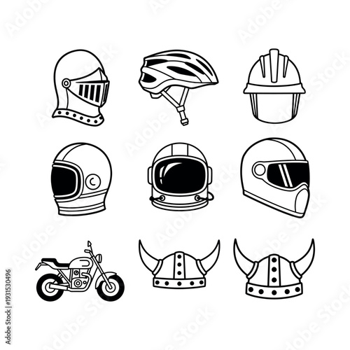 Collection of Various Helmets and Motorcycle.
