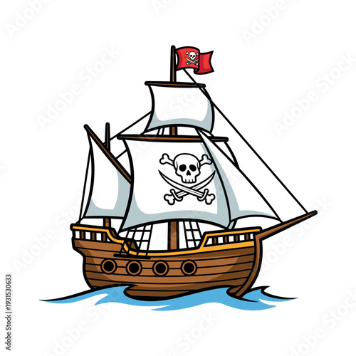 Pirate Ship Sailing with Jolly Roger Flag.