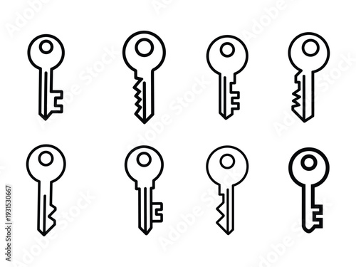 Key icon set for security and access control. Simple outline symbol for door lock, encryption, and digital login authorization design. Vector Illustration.