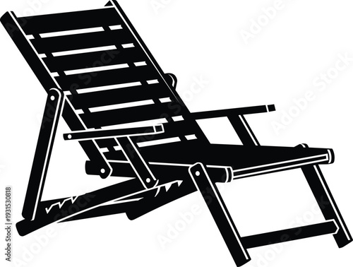 Black and white wooden beach lounge chair silhouette vector illustration isolated on white background for summer vacation, outdoor furniture, and travel design