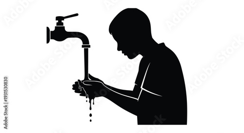 A silhouette of a boy washing his hands under a water tap