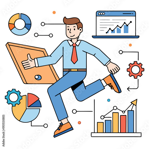 Creative office worker analyzing data and presenting charts with enthusiasm during a busy workday Generative AI