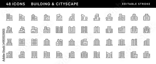 Modern building and cityscape icon collection. City building, skyscrapers, apartment building, residence, skyline and more.
