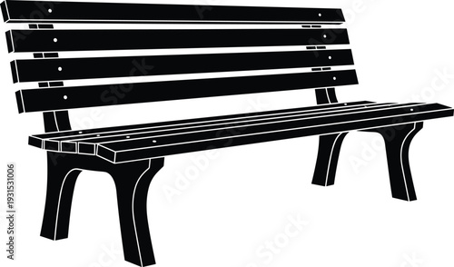 Black and white wooden park bench silhouette vector illustration isolated on white background for urban landscape design, outdoor furniture branding, and public space graphics