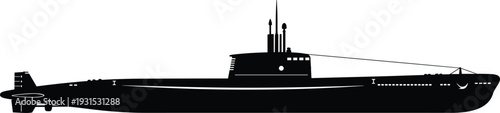 Military Submarine Silhouette Illustration in Side View Isolated on White Background for Naval Defense, Maritime Security, Ocean Warfare, and Vector Design Concept