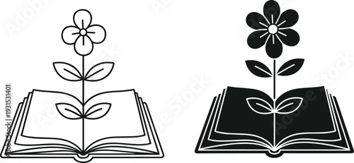 Minimalist flower growing from open book illustration, black and white education symbol, knowledge growth, learning concept, vector icon design for branding
