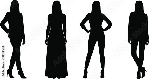 Elegant women silhouette set in stylish outfits and high heels isolated on white background