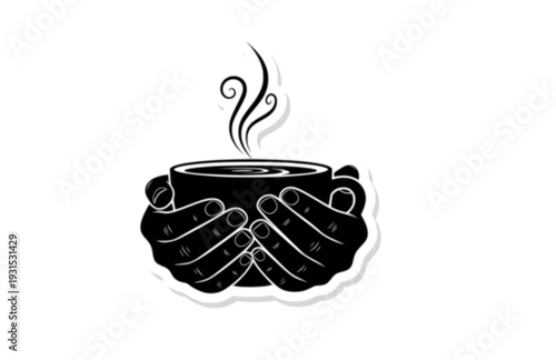 Minimalist Hands Holding Steaming Coffee Mug Silhouette, Cozy Hygge Lifestyle Vector Sticker, Mindfulness and Calm Icon