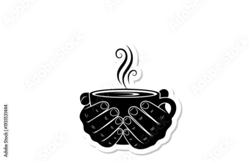 Minimalist Hands Holding Steaming Coffee Mug Silhouette, Cozy Hygge Lifestyle Vector Sticker, Mindfulness and Calm Icon