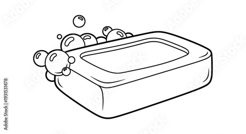 Simple line drawing of a bar of soap with bubbles floating nearby
