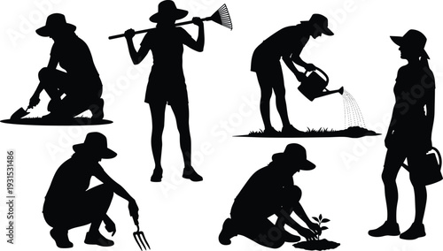Female gardener silhouettes collection with planting, watering and raking poses isolated on white background for landscaping and gardening themes