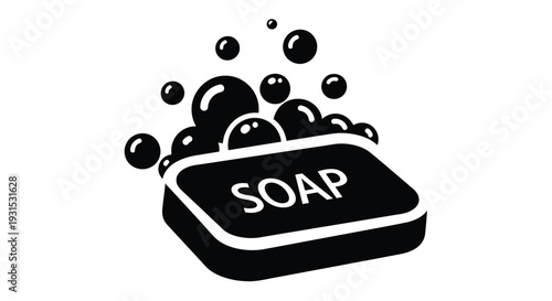 Black and white illustration of a bar of soap with floating bubbles above