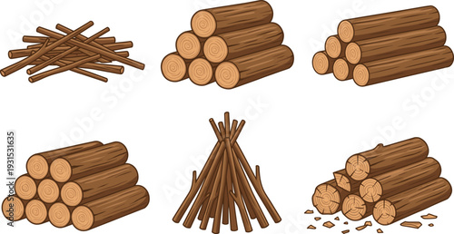 Firewood logs and stacked timber set, wooden log piles and campfire wood bundle vector illustration isolated on white background