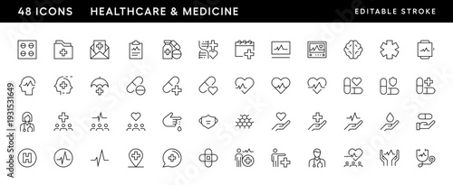 Icons. Healthcare and medical icon set. Hospitality, medical, pharmacy, clinical, drug, therapy, treatment and more. Editable stroke. Pixel Perfect. Grid base 32 x 32.