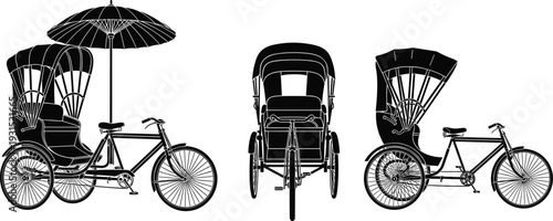 Traditional rickshaw silhouette set with side and front views isolated on white background for transport and cultural design themes