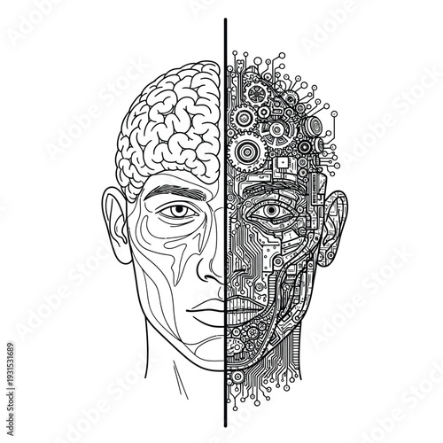 A striking monochrome illustration of a human head, half organic brain and half intricate mechanical circuits, symbolizing the profound link between human mind and AI.