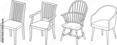 Four dining chair line art set, showcasing wooden side chair armchair Windsor chair modern upholstered barrel chair vector outline illustration
