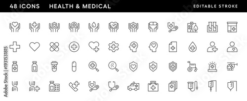 Icons. Medical and health icon collection. Healthcare, hospitality, medical, pharmacy, clinical, drug, therapy, treatment and more. Editable stroke. Pixel Perfect. Grid base 32 x 32.