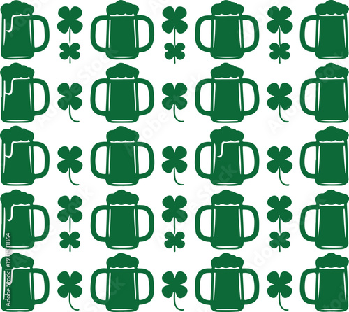 A repeating pattern featuring green beer mugs filled with frothy drinks alongside three leaf shamrocks